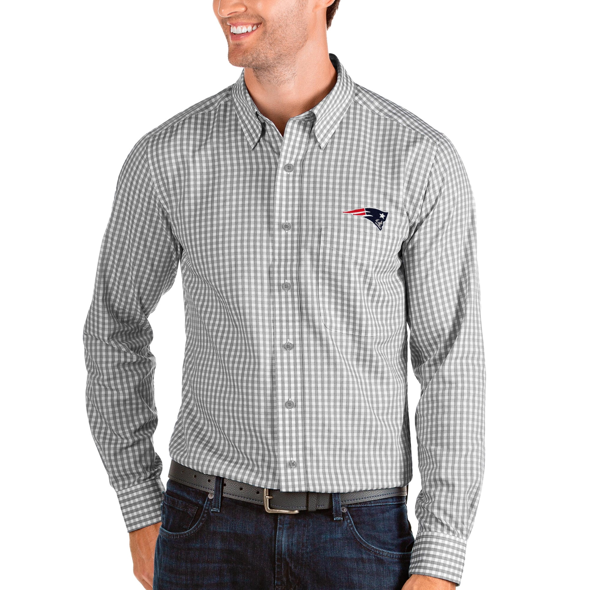 New England Patriots Antigua Structure Long Sleeve Woven Button-Down Shirt - Steel/White 