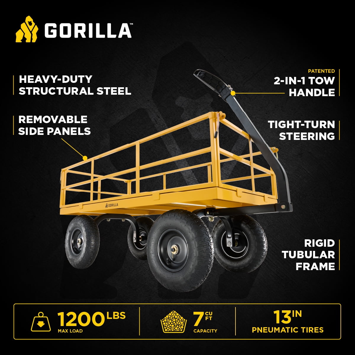 Gorilla Carts GOR1201B 1200-lb. Heavy-Duty Steel Utility Cart, 13" Tires