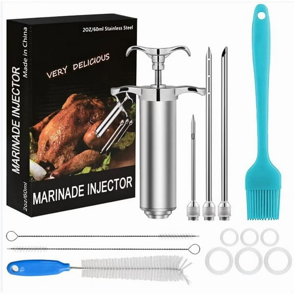 Meat Injectors for Smoking 304-Stainless Steel Meat Injector Syringe Kit with 3 Marinade Needles for BBQ Grill Smoker Turkey Beef Brisket, 2-oz Large Capacity