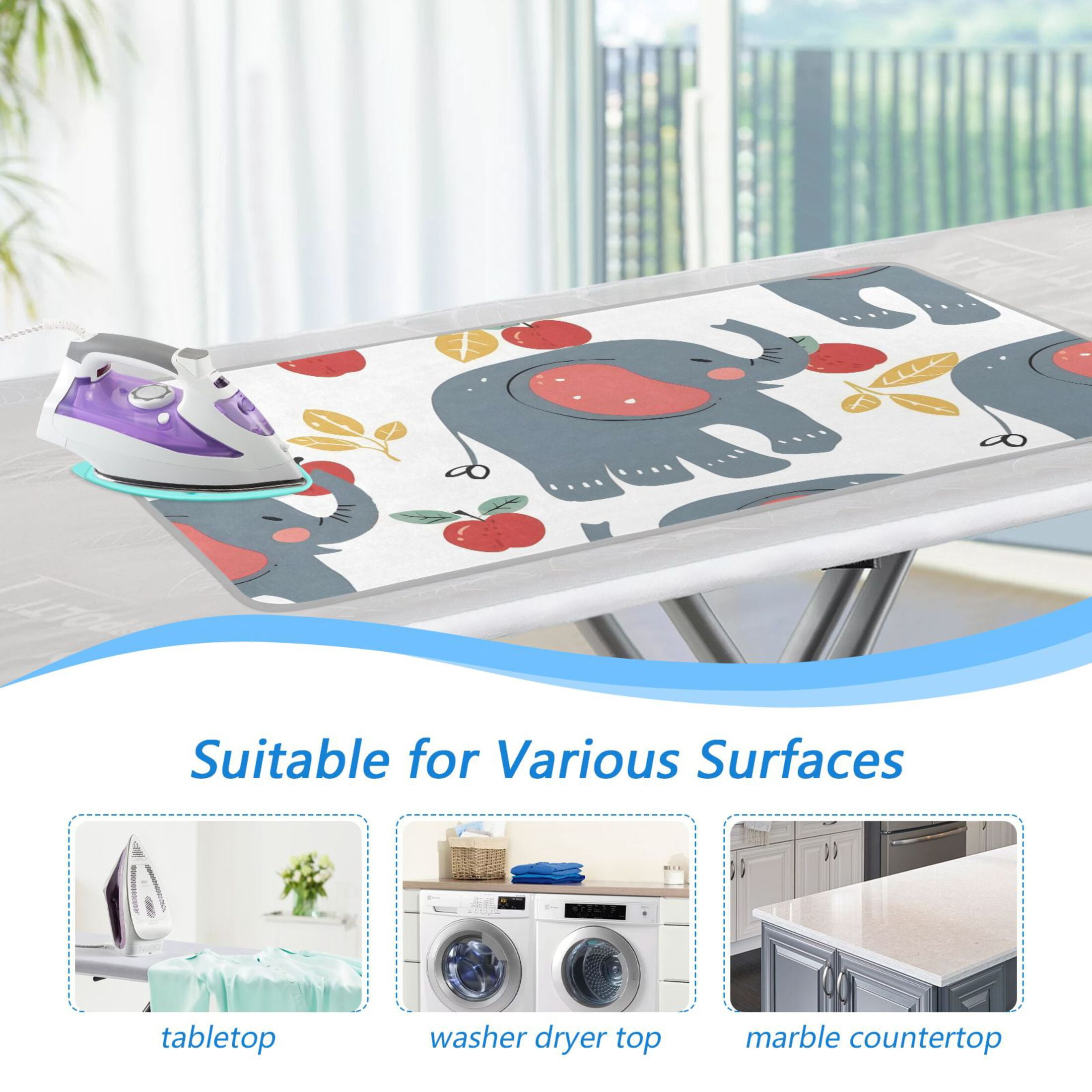Cartoon Elephants Leaves Fruits Cute Ironing Mat Blanket Portable Travel Ironing Pad Heat Resistant Pad 47.2" x 27.6”