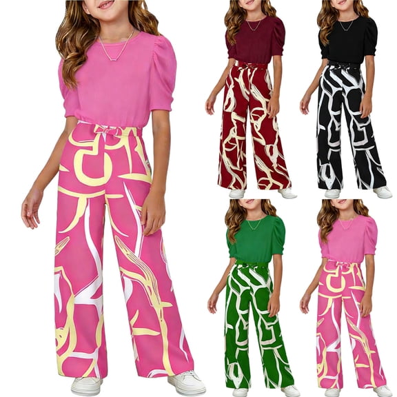Bovxnpu Girls' Pant Sets Girls Bubbled Sleeve Top Graphic Flare Pants 2-piece Casual OutSets Summer 2 Piece Outfits