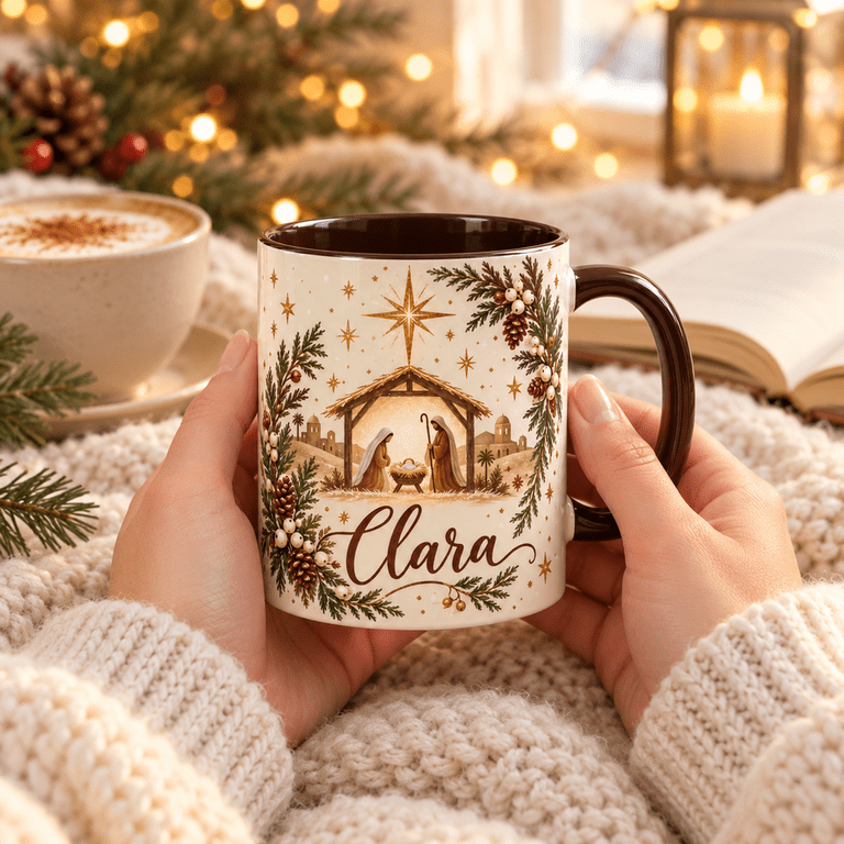 Personalized Nativity Manger Mug, Cream Brown Christmas Gift - Walmart.com