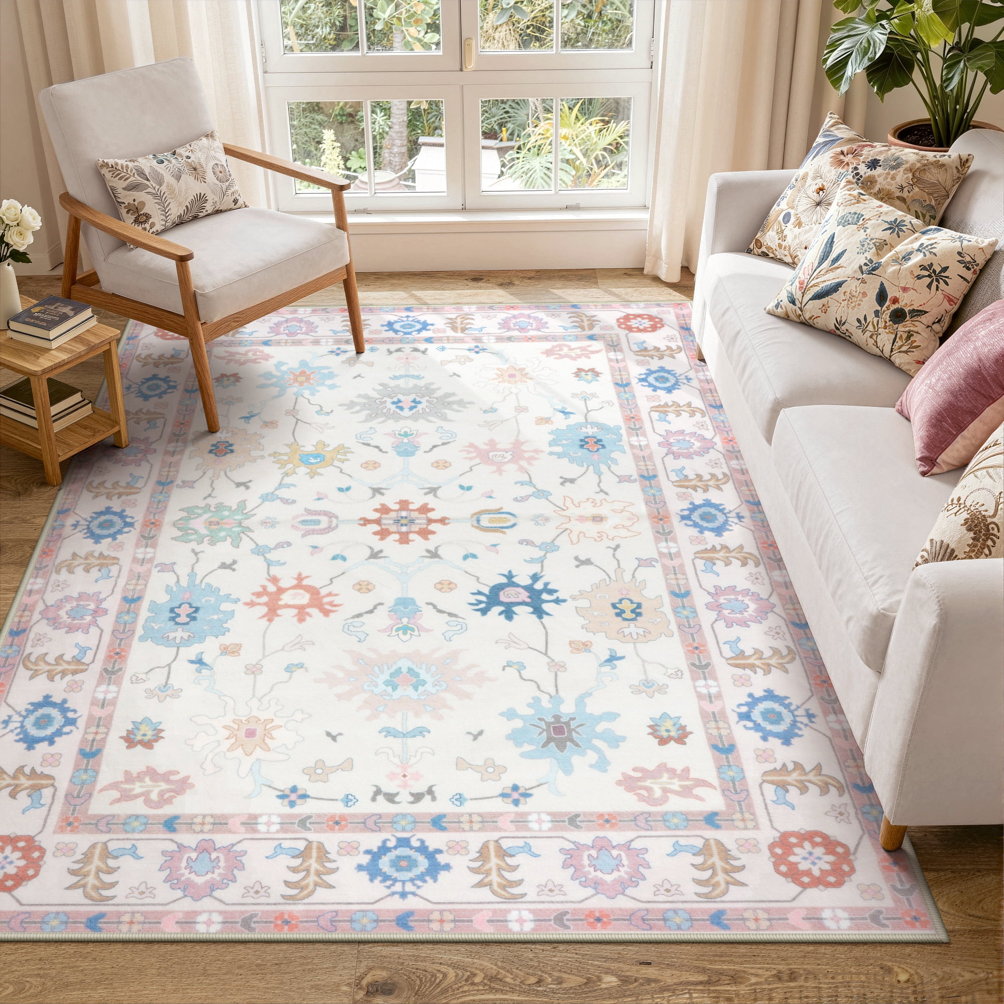 Lahome Decor 5'x7'Modern Oushak Washable Rugs,5x7ft Boho Area Rug for Living Room,Stain Resistant Soft Bedroom Rug, Ultra-Thin Cream Colorful Vintage Floral Rugs for Farmhouse Dining Room,Pink