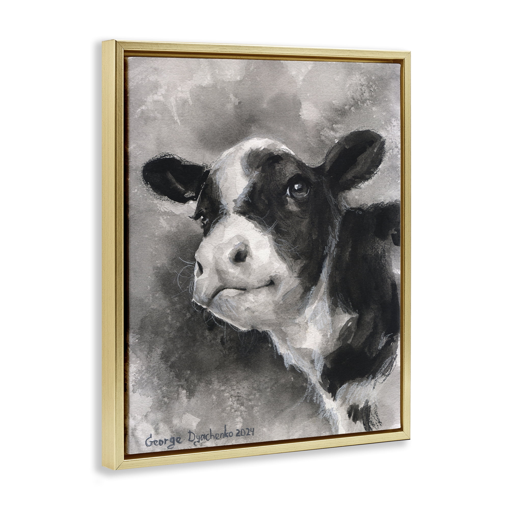 Stupell Industries Smiling Baby Calf Animals Drawing Gold Floater Framed Canvas Art Print Wall Art, 17 x 21