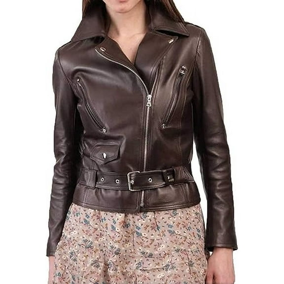 HOT Women's Genuine Brown Lambskin Real Leather Jacket Stylish Collared Biker Coat W732