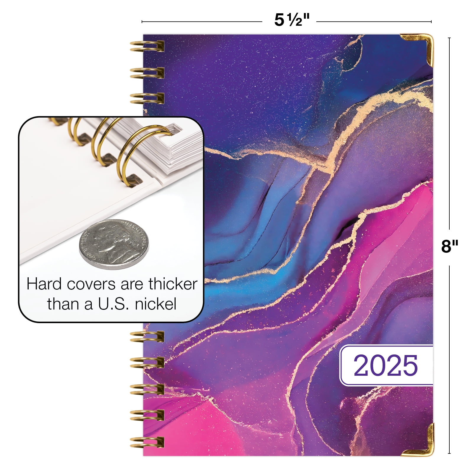 Global Printed Products Hardcover 2025 Daily, Monthly & Weekly Planner 5.5"x8", Pink Purple Marble
