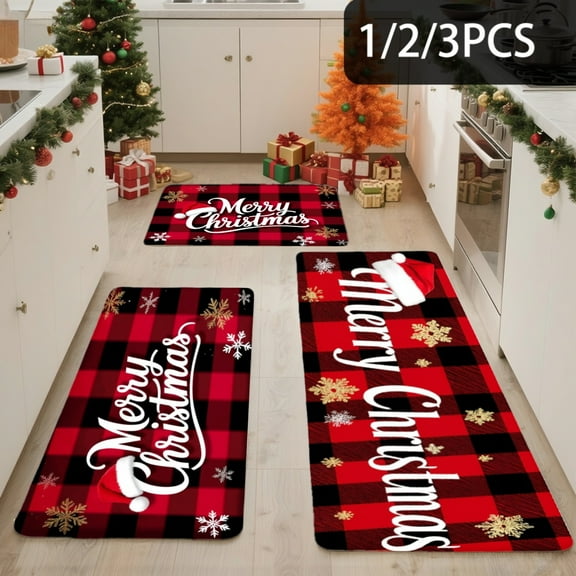 3PCS Kitchen Mat set, Welcome Door Flannel Rug,Home Decor for Front Door,Kitchen, Bathroom, Red Plaid Christmas Snowflake Merry Christmas ,Great Thanksgiving Day