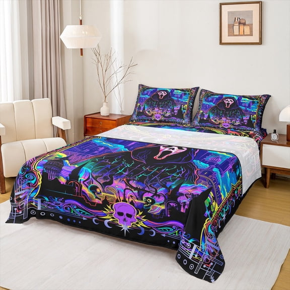 jejeloiu Spooky Gothic Skeleton Twin Sheet Sets,Halloween Horror Castle Twin Fitted Sheet,Happy Halloween Flat Sheet For Men Women,Microfiber Bedroom Decor,3 Pieces