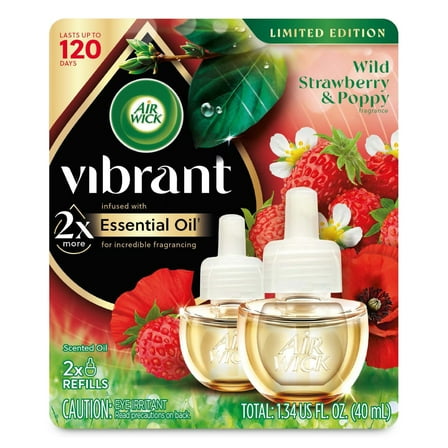 Air Wick Vibrant Plug-In Scented Oil Air Freshener Warmer Refills, Wild Strawberry and Poppy, 2 Count
