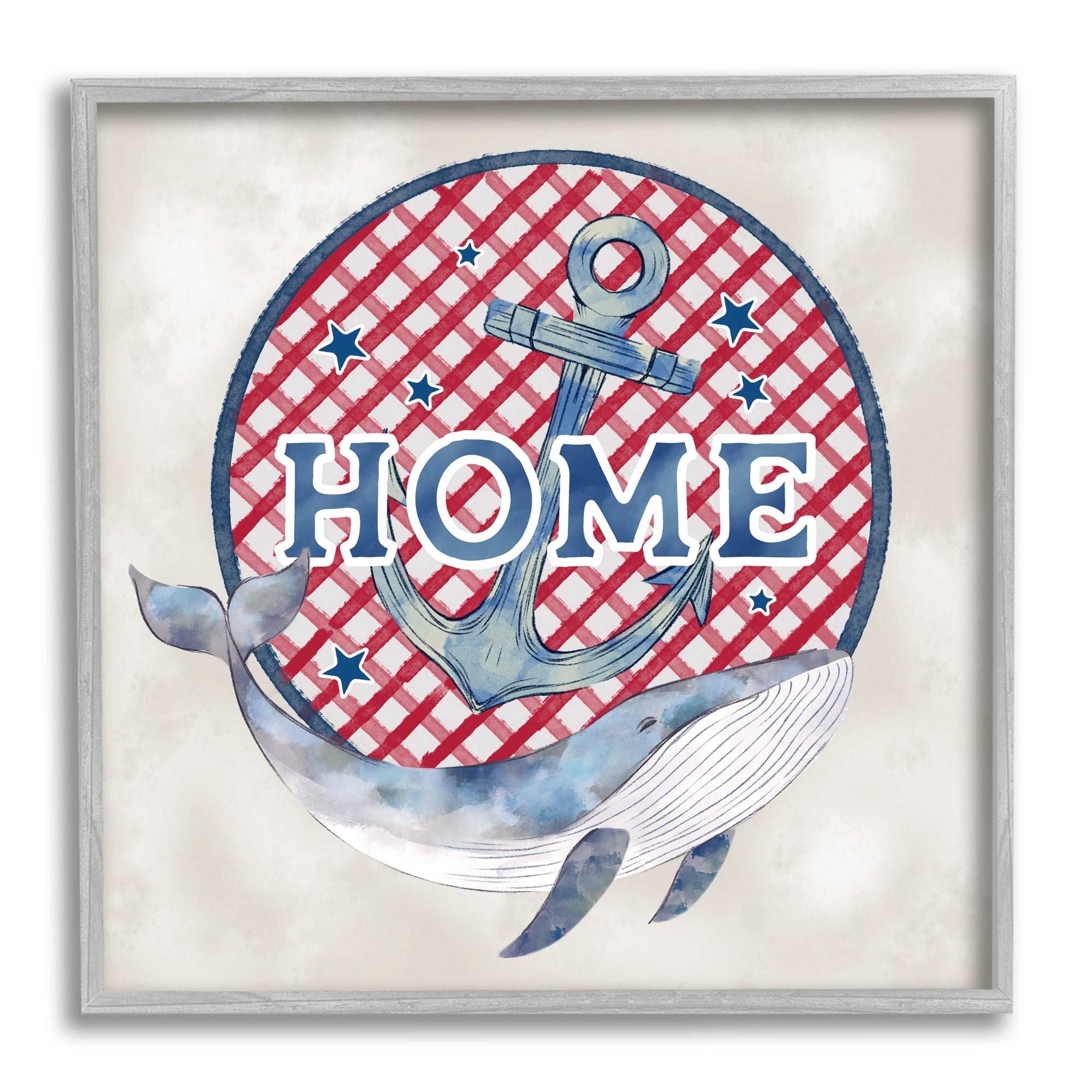 Stupell Industries Checkered Pattern Home Sign Anchor Whale Watercolor Graphic Art Gray Framed Art Print Wall Art, Design by Ziwei Li