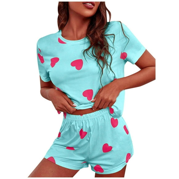 GDREDA Women's Sleepwear Set's Fashionable Home Round Neck Short Sleeved Shorts With Print Casual Pajamas And Pajama Pants Set Women Pajama Sets pyjamas Sky Blue,L