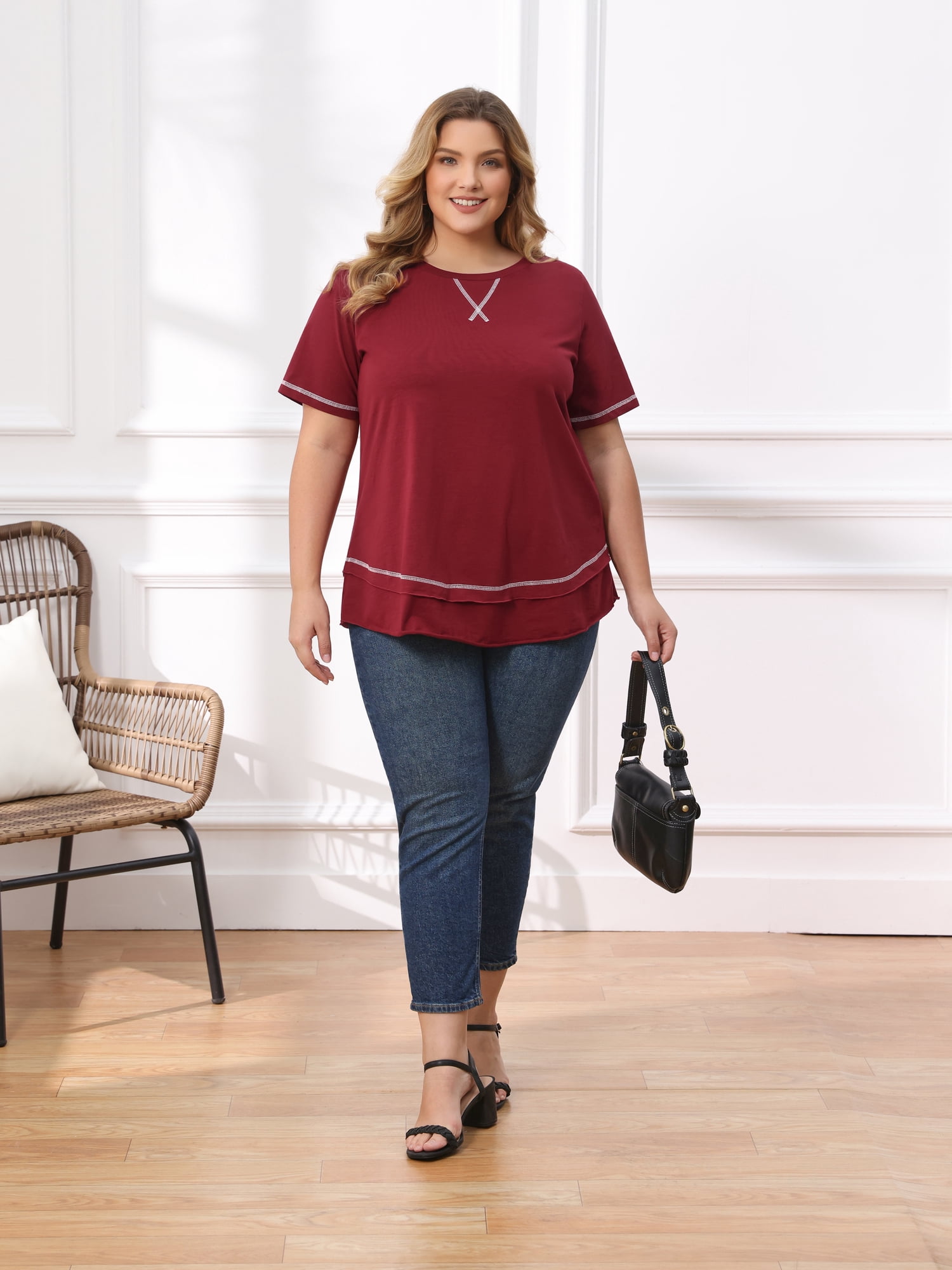 DARING DIVA Women's Plus Crew Neck Short Sleeve Loose Knit Blouse Tops 2X Burgundy