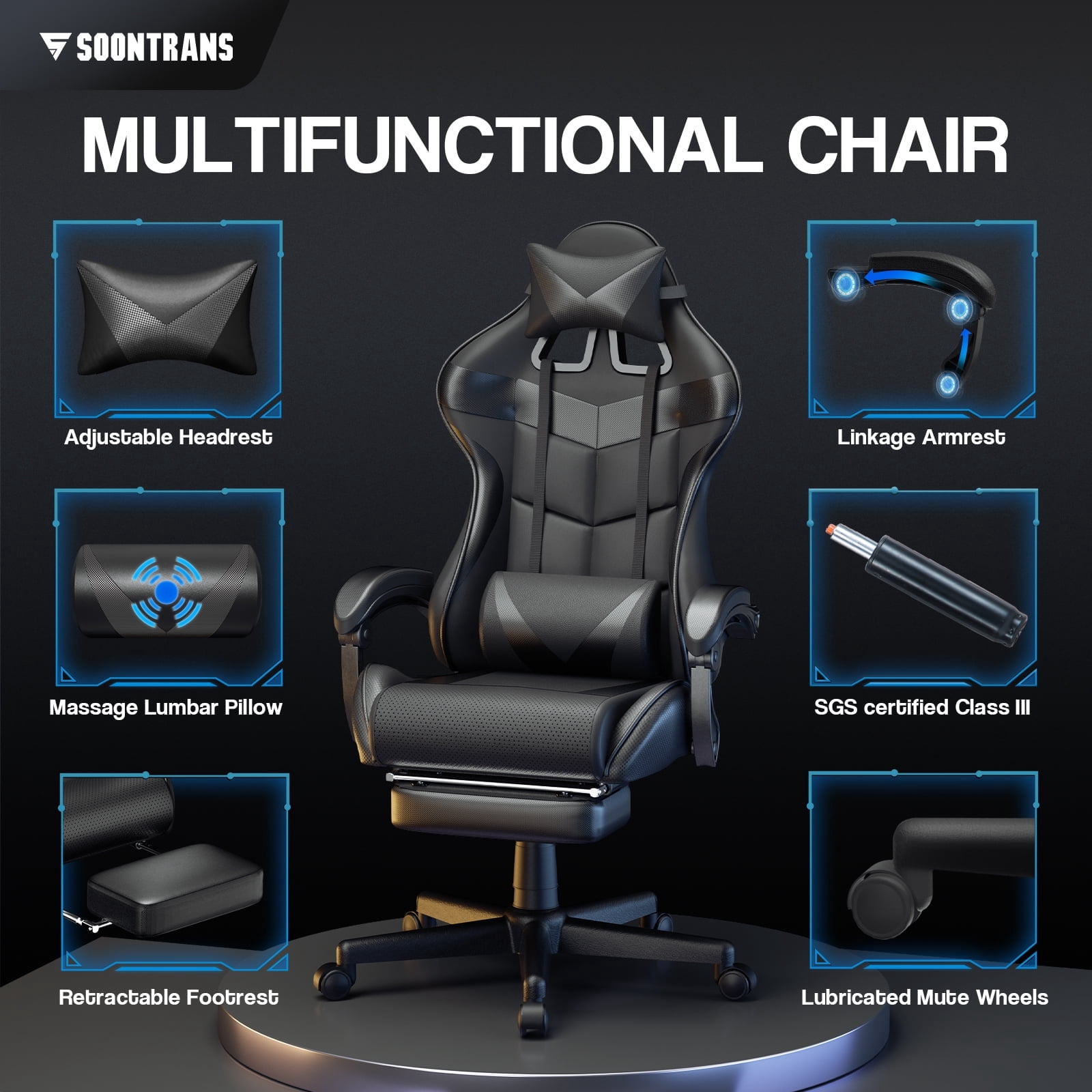 Soontrans Gaming Chair with Footrest and Ergonomic Massage Lumbar Pillow PU Leather Office Chair, Black