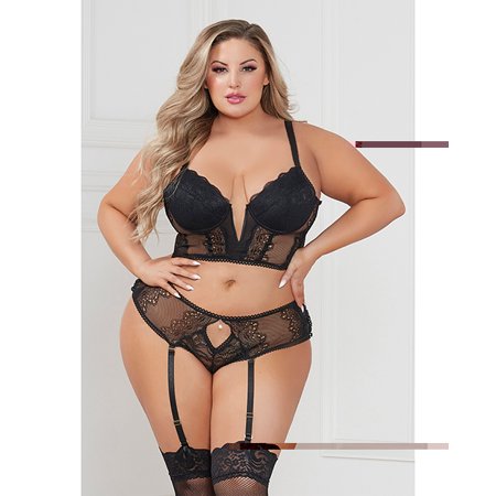 Stretch Lace Cropped Bustier & Cheeky Panty Black 3X/4X
