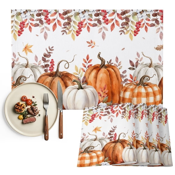 Orange White Pumpkins Placemats Set of 4, Thanksgiving Leaves Botanical Fall Washable Wipeable Table Mats for Dining Tables, Indoor Outdoor Kitchen Place Mats for Holiday Party Table Decor