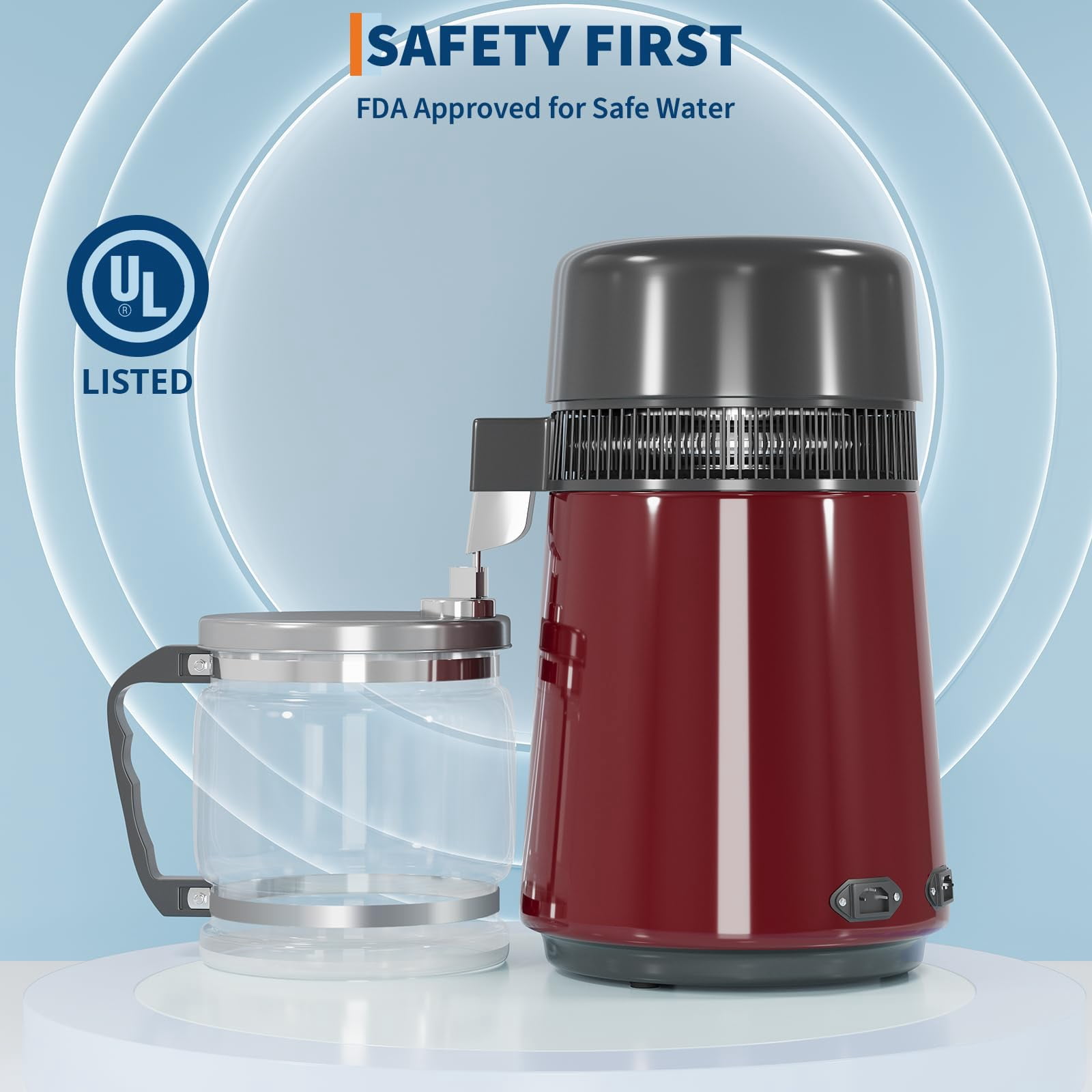 Efficient 750W Water Distiller Machine – 4L Stainless Steel Purifier for Home, Lab, Aquarium, Office – Includes Glass Pot for Clean Drinking Water – Red