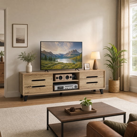 Mid Century Modern TV Stand for TVs up to 65 " with Sliding Doors and Cable Hole,Entertainment Centre, Media Console Table for Living Room, Natural