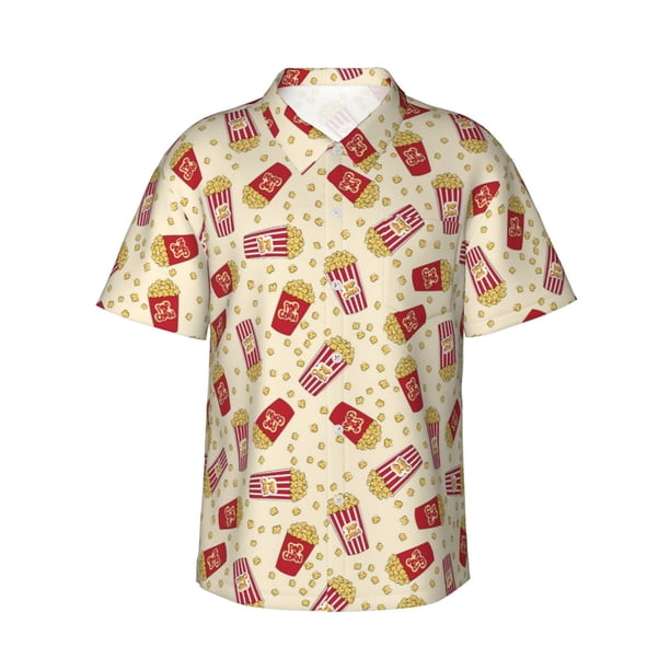 Balery Cartoon Popcorn Camisas hawaianas de manga corta para hombre, camisas playeras de corte holgado, camisas de vacaciones con botones,Small