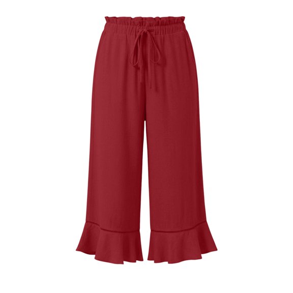 Costeam Womens Solid Wide Leg Capri Pants Dual Side Inset Hand Pockets Adjustable Drawstring Elastic High Waist Ruffle Lace Trim Cropped Summer Casual Trousers