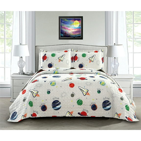Smuge Kid's Galaxy Outer Space Bedspread Coverlet Set with Pillowcases,Planet Rocket Printed Quilt Set for Children Lightweight Bedding Set(Twin,Gray)