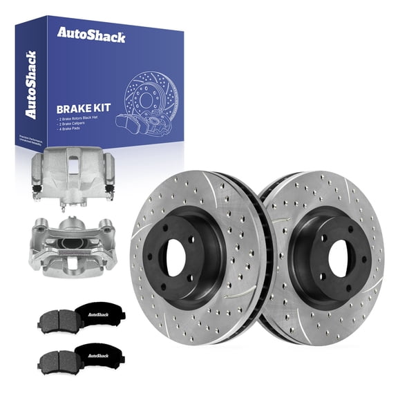 AutoShack Front Vented Drilled & Slotted E-Coated Brake Rotors   Premium Ceramic Pads   Calipers 8-PC Brake Kit Replacement for 2009-2014 Nissan Maxima ShadowGuard 12.59" (319.7 mm)