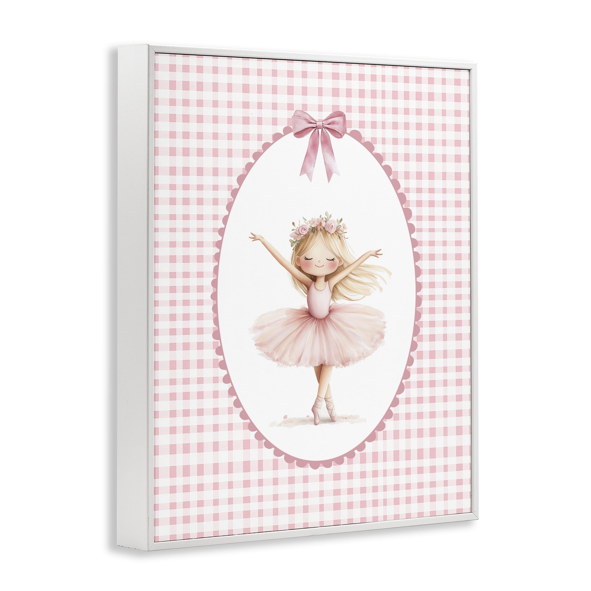 Ballerina on Pink Checkered White Framed Giclee Art, design by Christine Simpson Art