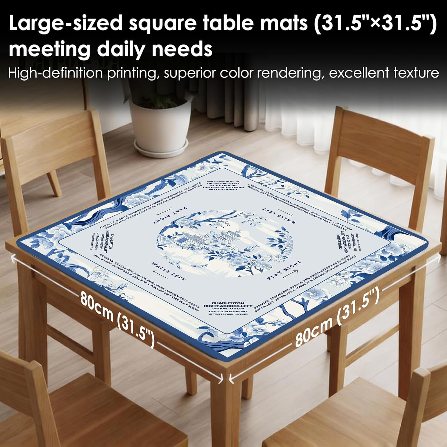 Blue Chinoiserie Pavilion Mahjong Mat with Rules for Table 31.5x31.5, Traditional Chinese Non-Slip Noise Reduction Mahjong Table Mat for Poker Board Games Card Games Dominoes, Chinoiserie Decor