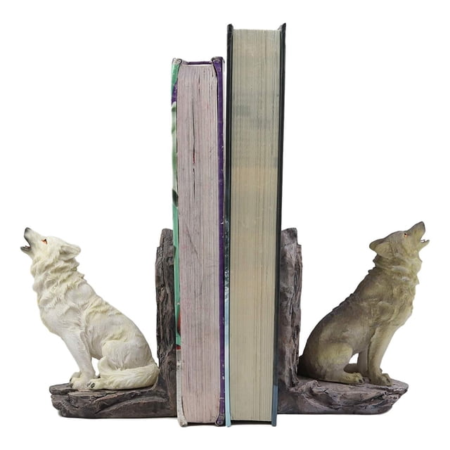 Ebros Animal Totem Spirit Howling Gray And Snow Wolves Decorative Small Bookends Figurine Set 5.5"Tall As Timberwolf or Wolf Decor For Library Book Shelves Fantasy Sculptures