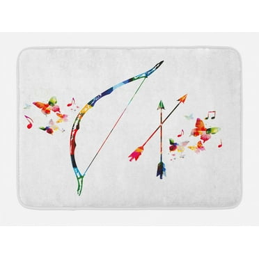 Modern Bath Mat, Abstract Unusual Bow and Arrow with Butterflies Music Notes Floral Design Print, Non-Slip Plush Mat Bathroom Kitchen Laundry Room Decor, 29.5 X 17.5 Inches, Multicolor, Ambesonne