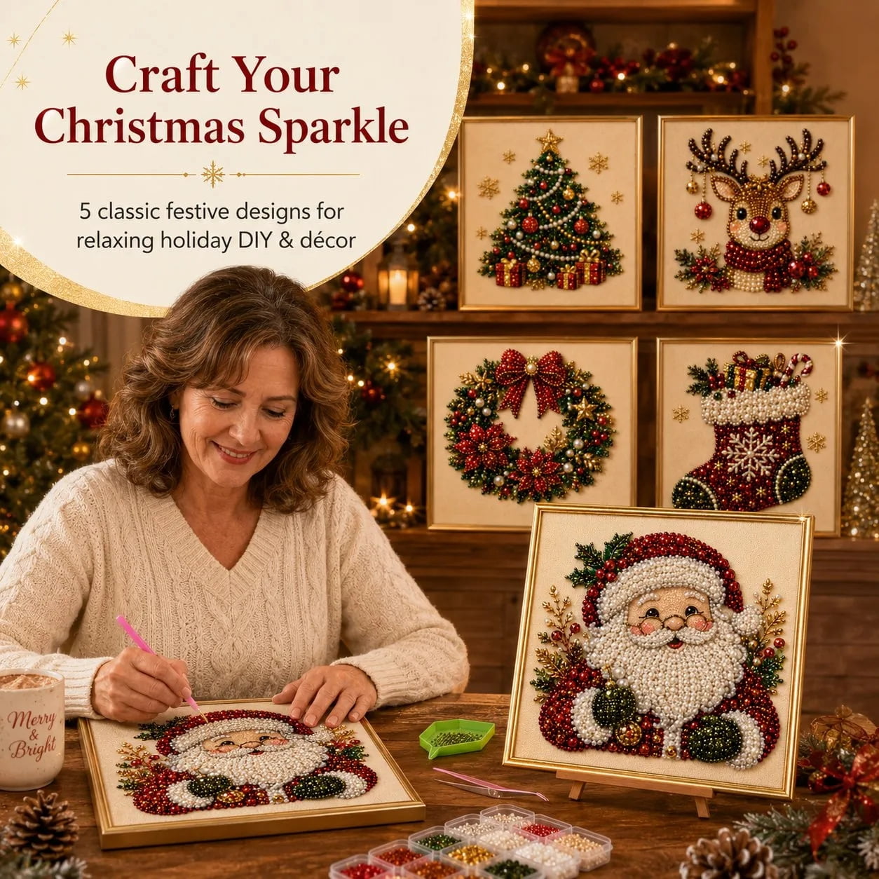 Pearl SantaChristmas Pearl Beading DIY Kit a Beautiful Framed Santa Claus Pearl Art for Family Craft Night & Winter Decor