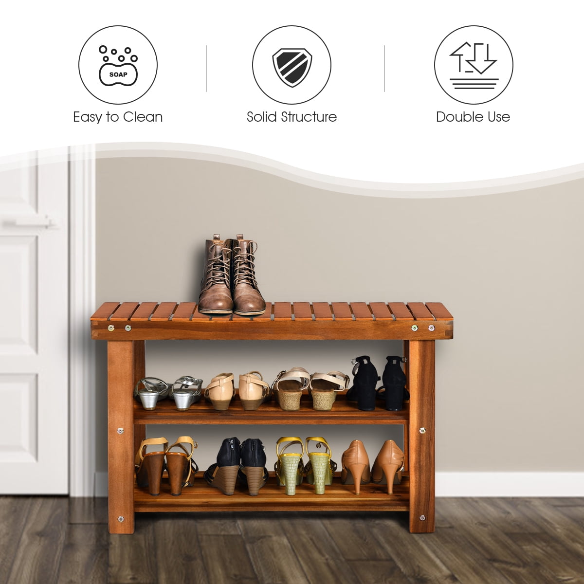 Costway 3-Tier Wood Shoe Rack 27.5' Shoe Bench Freestanding Boots Organizer Heavy-duty