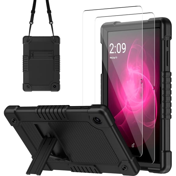 FIEWESEY Case for T-Mobile REVVL Tab 2 10.1" Tablet Kids Friendly Soft Silicone Hard Back Shell With Stand Shoulder Strap Cover For T-Mobile REVVL Tab 2 5G 2025 Model - Black 2Pcs Screen Protector