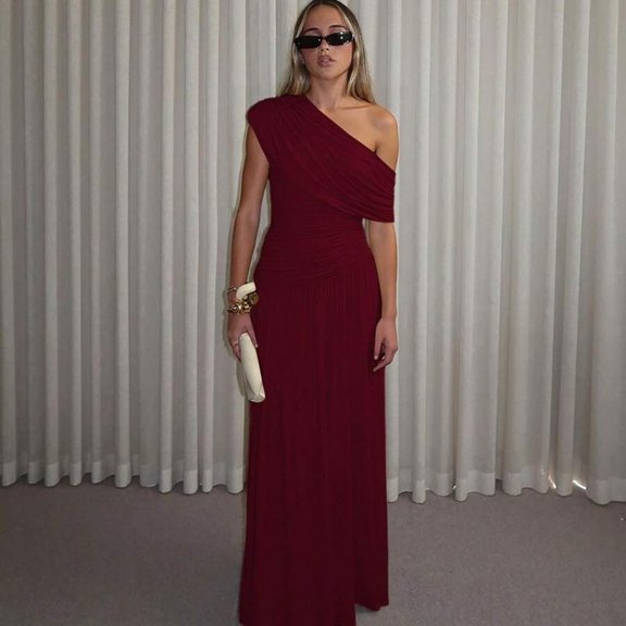 Burgundy Women One Shoulder Ruched Maxi Dress Asymmetrical Draped Neck Slim Fit Evening Party Gown