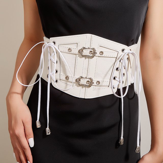 Correa de encaje de cuero con sello para la cintura, decorativa, para mujer, con hebilla de metal vintage negra, cintura elástica, tensión ajustable