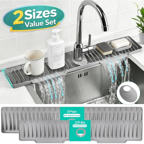 Merryhome 2-Pack Kitchen Sink Splash Guard, 31" and 23" Silicone Faucet Mat, Fast Draining Splash Guard for Kitchen, Bathroom, RV, Gray