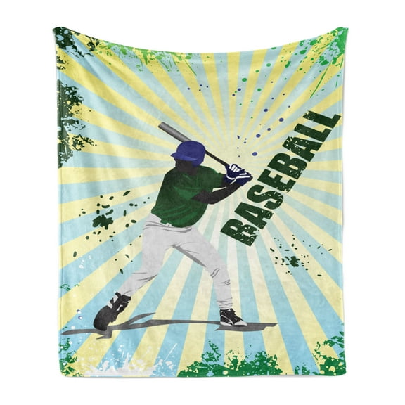 Baseball Soft Flannel Fleece Throw Blanket, Grunge Softball Batter Gear Athlete Competition Action Retro Illustration, Cozy Plush for Indoor and Outdoor Use, 70" x 90", Green Yellow, by Ambesonne