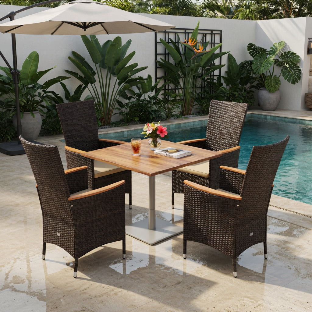 Hommoo 4-Piece Outdoor Dining Chair Set, High-Back Wicker Patio Chairs with Cushions, PE Rattan & Acacia Wood Frame, Weather-Resistant for Backyard, Porch & Poolside, Natural