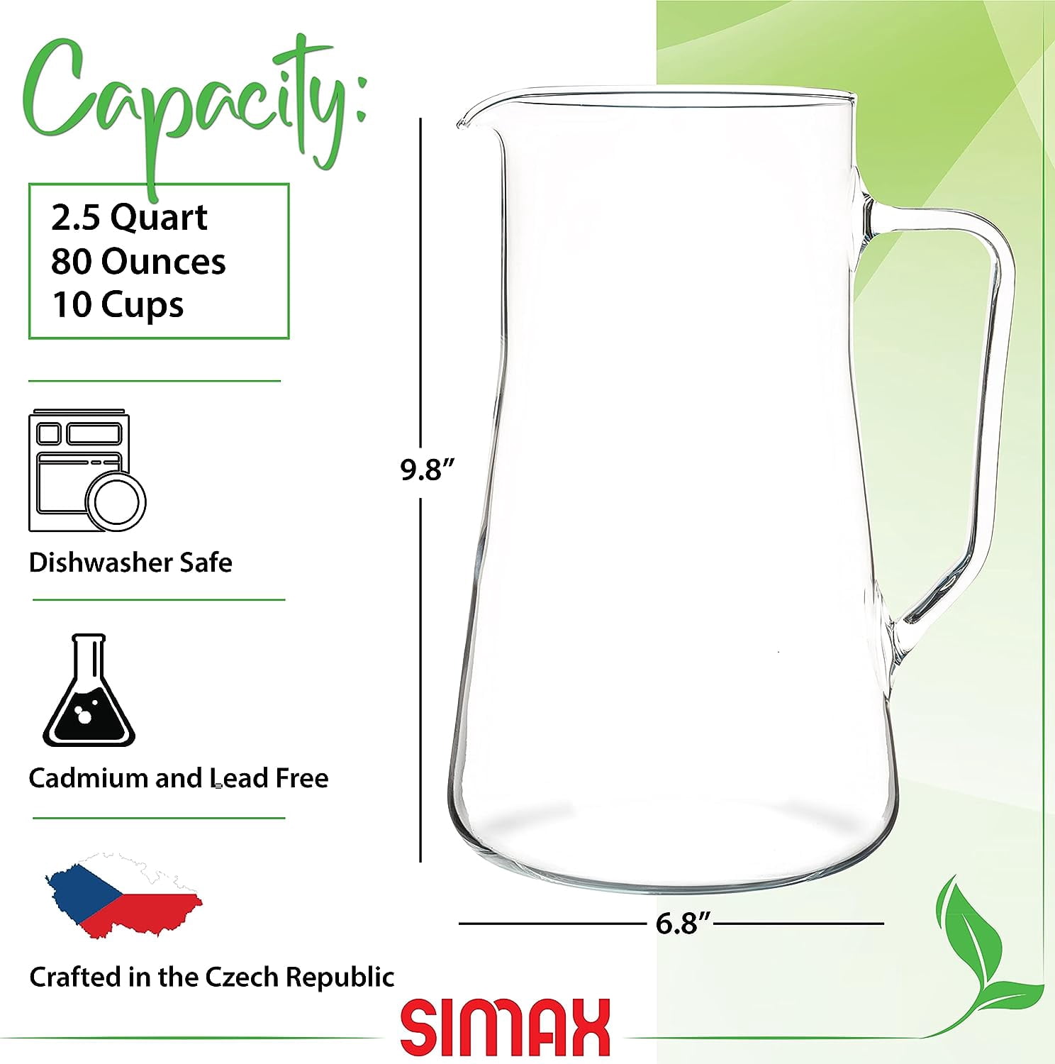SIMAX 2.5-Qt Borosilicate Glass Pitcher with Spout & Handle for Water, Sangria & Iced Tea