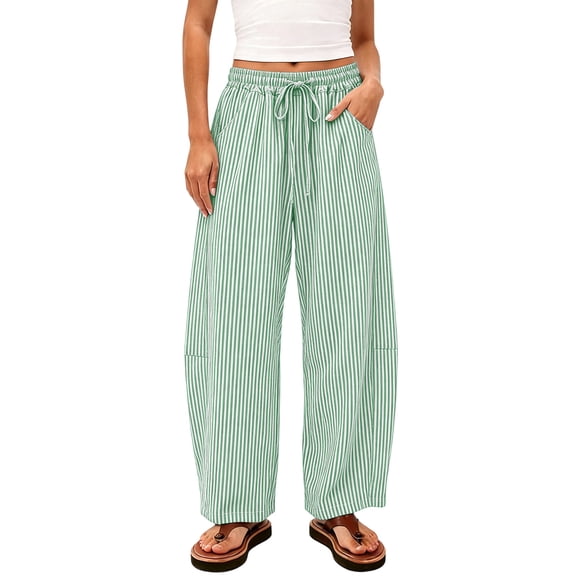 Iugvhana Women's Striped Pants Cotton Linen Wide Leg Pants Drawstring Elastic Waist Loose Fit Casual Travel Trousers with Pockets Green M