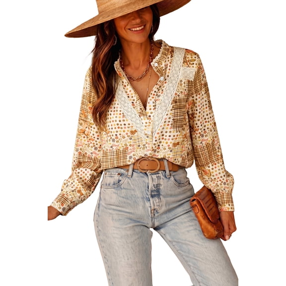TinyCribz Women's Floral Button Down Shirt, Bohemian Lace Trim Blouse XL