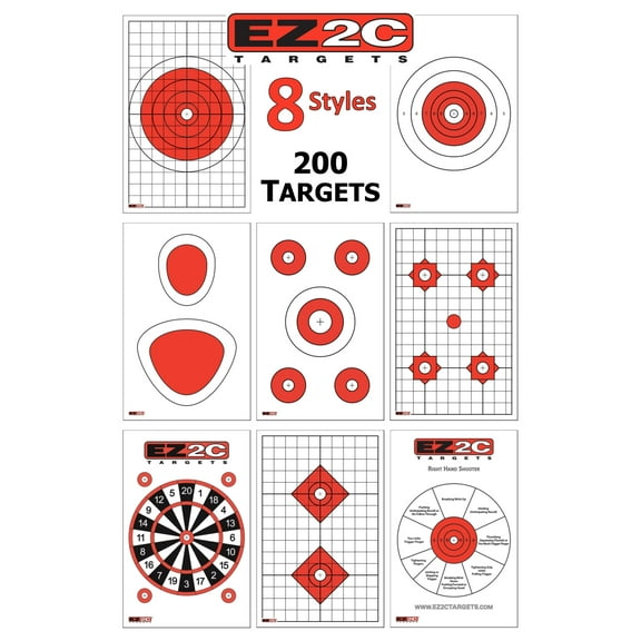 200 EZ2C Targets - Eight Most Popular Styles Combo Package Paper Shooting Targets for Range