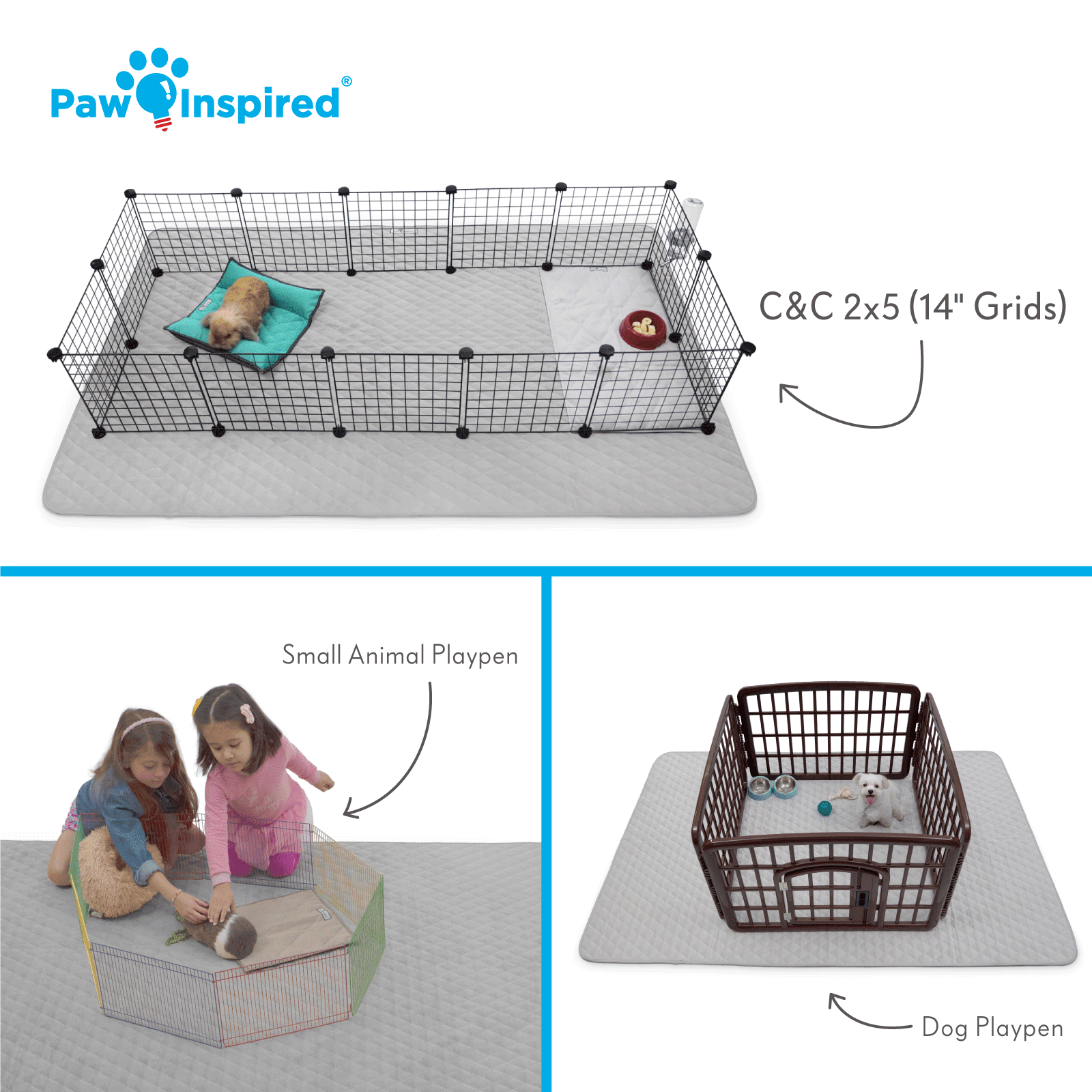 Paw Inspired 80x50” Waterproof Dog Playpen Mat, Pet Kennel Play Pen Pad for Puppy, Rabbit, Guinea Pig, Small Animals | Super Absorbent Fleece Cage Liner with Non-Slip Bottom (Light Gray)