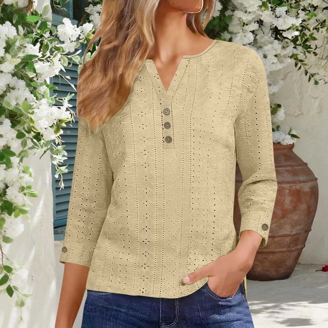 TaTaai Women's V Neck Button Three Quarter Sleeve Solid Color Jacquard Casual Blouses Loose Pullover Comfortable Tops for Spring Winter Daily Outfits Gift