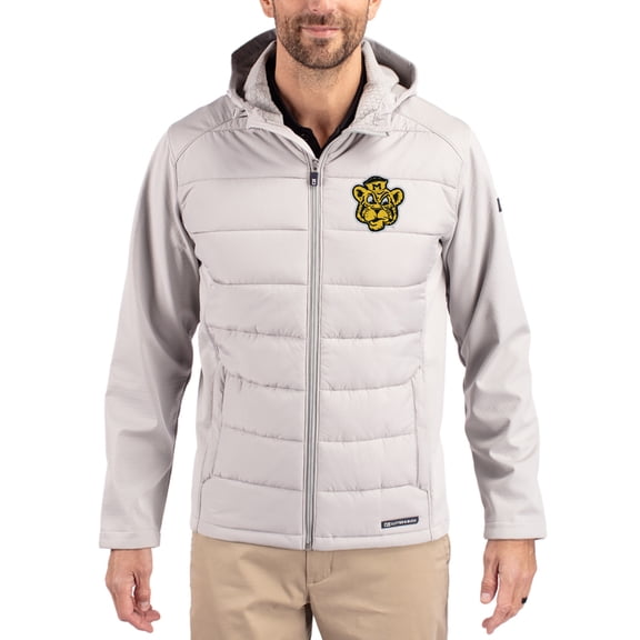 Men's Cutter & Buck Gray Missouri Tigers Evoke Hybrid Eco Softshell Recycled Full Zip Hooded Jacket
