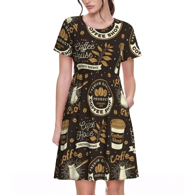 Fotbe coffee shop house Vestido Largo de Moda para Mujer, Vestido Tipo Camiseta con Manga Corta y Estilo Casual a Rayas y Bloques de Color