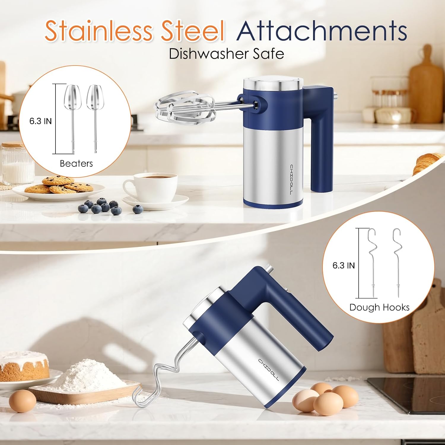 Powerful 600W Hand Mixer, 5-Speed Electric Hand Held Mixer for Baking, Lightweight Stainless Steel Hand Beaters *2 & Dough Hooks*2 with Eject Button, Kitchen Mixer for , Cookies, Dough-Blue