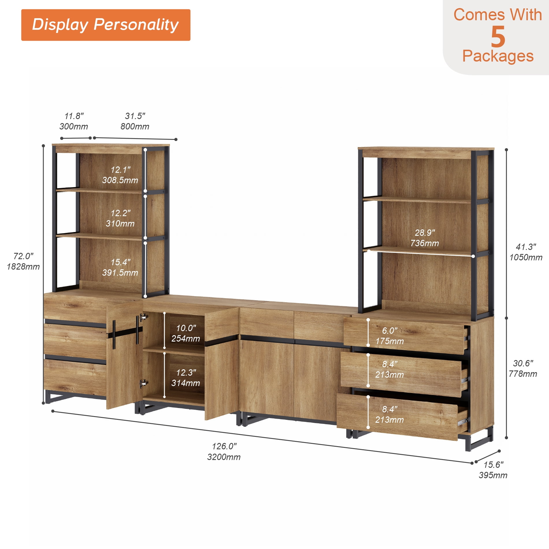 WAMPAT 4-Piece Modern 72" Tall Bookcase with 6 Drawers and Adjustable Shelves, Wood Freestanding Library Bookshelf with Storage Cabinet and Open Shelving for Home Office, Living Room, Oak