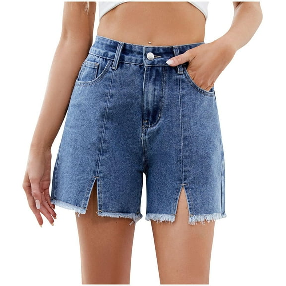biudgviw Jeans for Women High Rise Baggy Button Stretch Denim Shorts Summer Casual Straight Jeans Side Slit Shorts