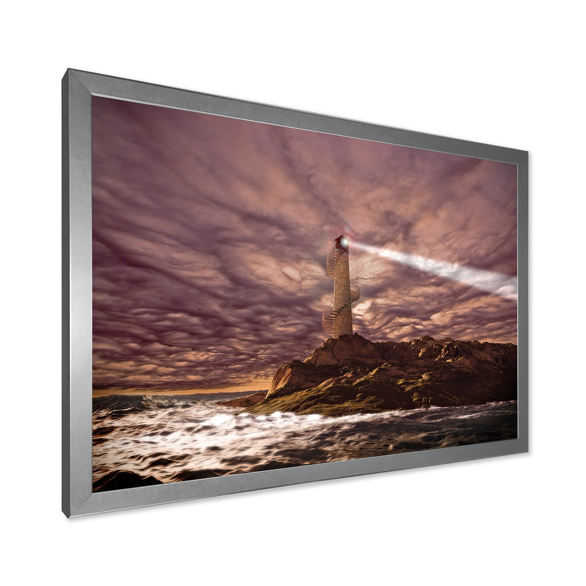 Lighthouse Shining Light During Stormy Clouds Night I 40 in x 30 in Framed Photography Canvas Art Print, by Designart