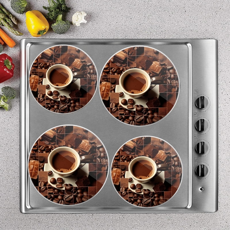 Bahomeck Gas Stove Burner Cover Set Of 4,Coffee And Chocolate-Themed Mosaic Background Metal Electric Stove Burner Covers,Protecting Gas Stoves,Kitchen Decor，8 Inch And 10 Inch